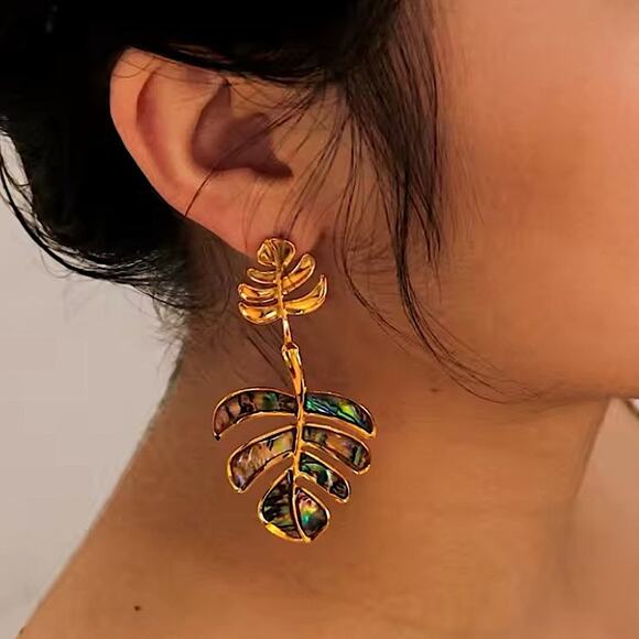 Boho Gold Iridescent Leaf Earrings Stainless Steel Gold Plated - Picture 2 of 11